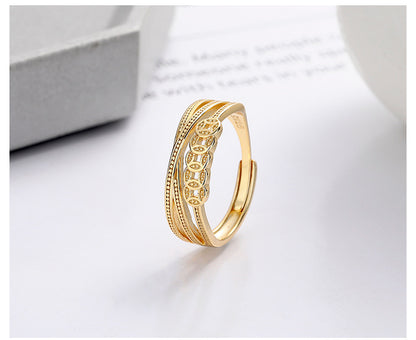 S925 Sterling Silver Ring Copper Coin Pattern Ring Vintage Oxidized Ethnic Style Multi-layer Wrapped