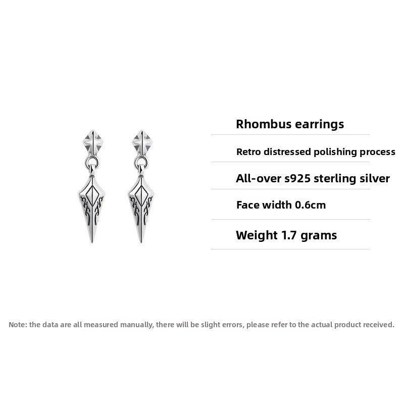 S925 Sterling Silver Earrings Diamond-Shaped Exquisite Pattern Rock Style Unisex Ear Studs
