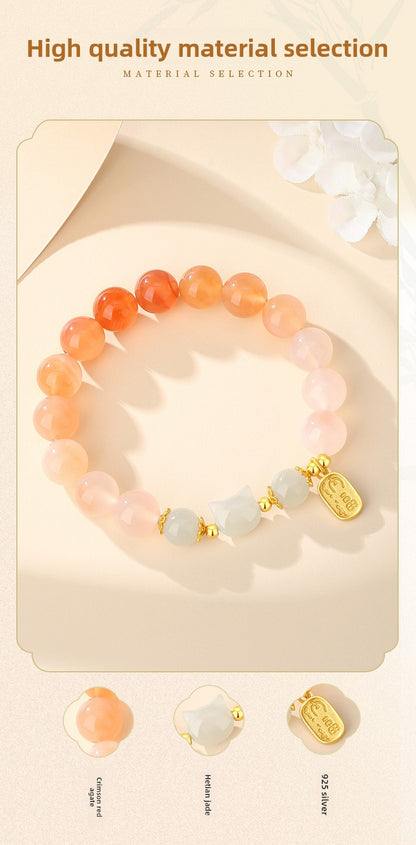 Red Agate & Hetian Jade Cat Bracelet - 925 Sterling Silver Chinese Style Jewelry | Unique Valentine's Gift for Women