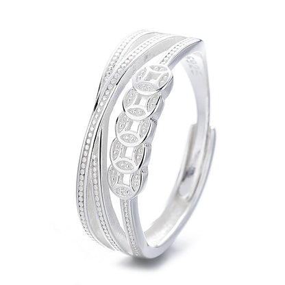 S925 Sterling Silver Ring Copper Coin Pattern Ring Vintage Oxidized Ethnic Style Multi-layer Wrapped