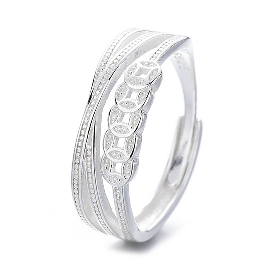 S925 Sterling Silver Ring Copper Coin Pattern Ring Vintage Oxidized Ethnic Style Multi-layer Wrapped