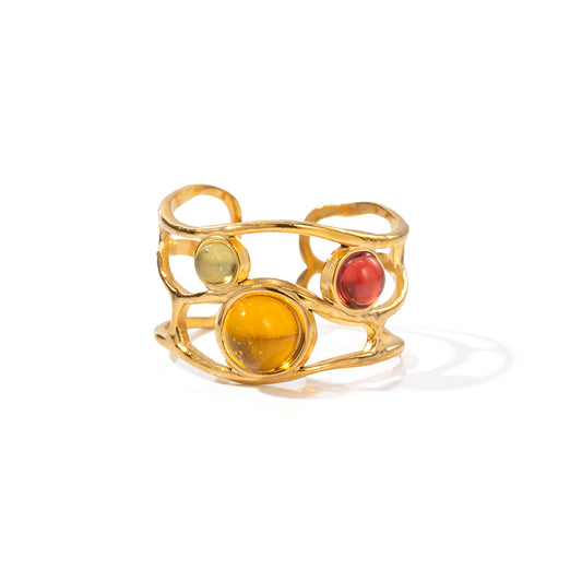 Baroque Open Band with Colorful Gemstones, Palace Style Titanium Steel Ring