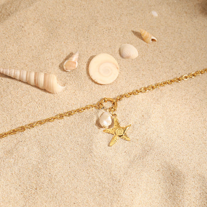Vacation Style Necklace with Pearl Ocean Wave Pendant Hammered Starfish