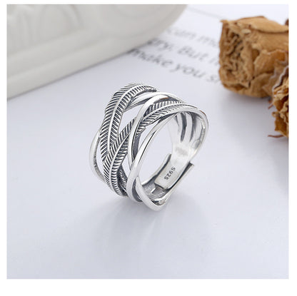 S925 Sterling Silver Ring Classic Feather Line Cross Trendy Adjustable