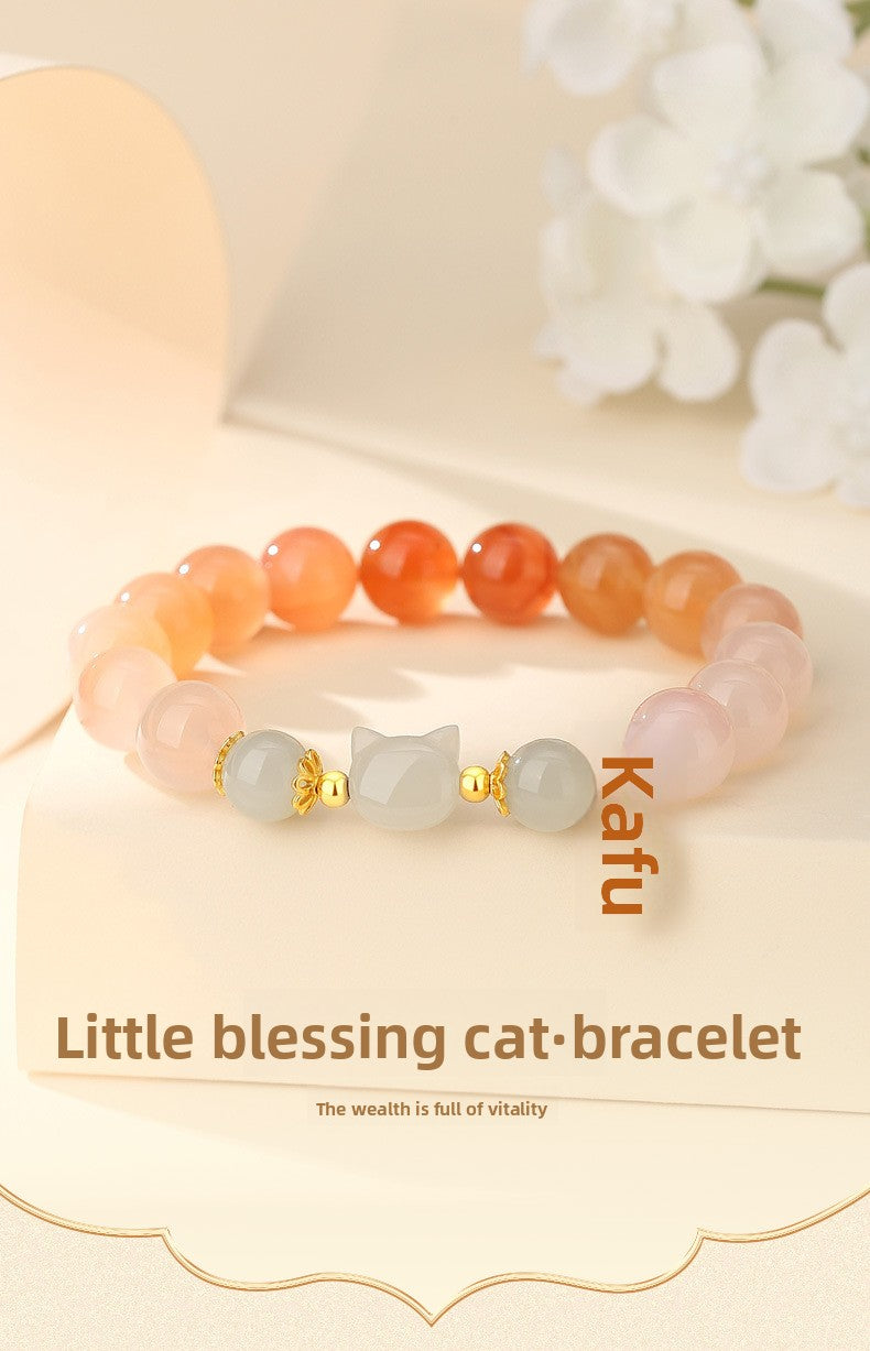 Red Agate & Hetian Jade Cat Bracelet - 925 Sterling Silver Chinese Style Jewelry | Unique Valentine's Gift for Women