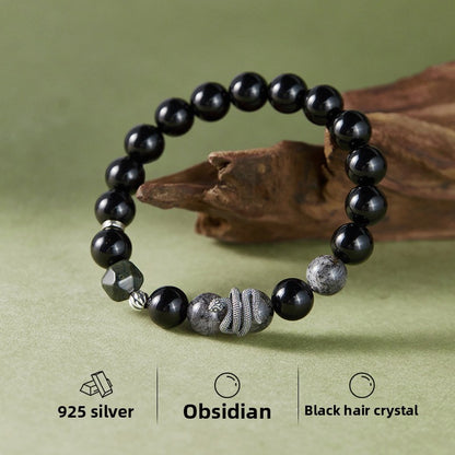 S925 Sterling Silver Black Obsidian & Tourmalinated Quartz Snake Year Bracelet | Yin Yang Protection Jewelry | Zen Buddhist Style Gift for Him