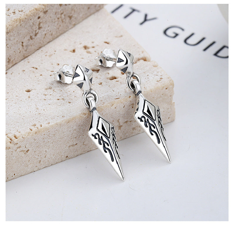 S925 Sterling Silver Earrings Diamond-Shaped Exquisite Pattern Rock Style Unisex Ear Studs
