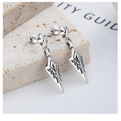 S925 Sterling Silver Earrings Diamond-Shaped Exquisite Pattern Rock Style Unisex Ear Studs