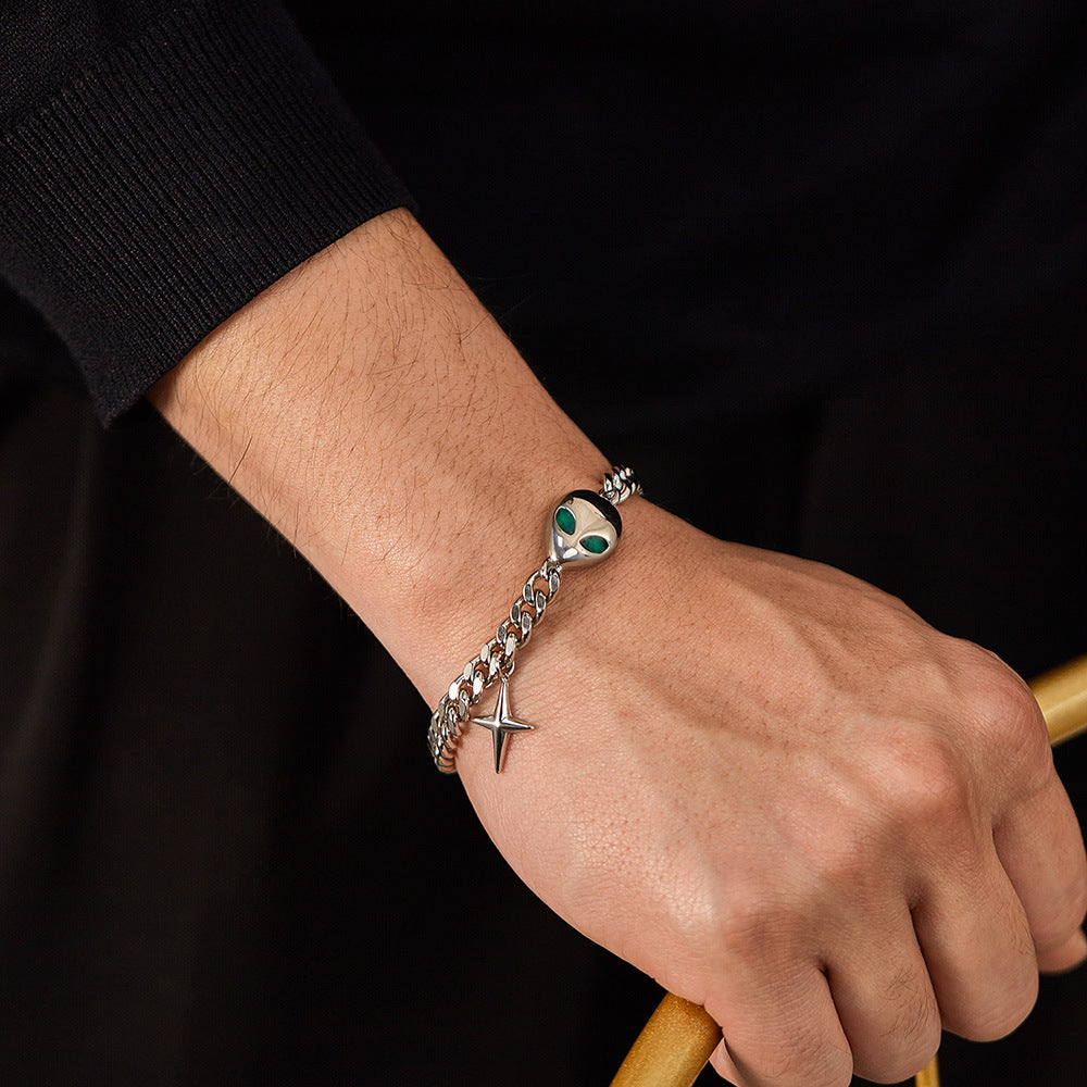 Hip Hop Cuban Chain Bracelet - Trendy Alien Pendant Stainless Steel Unisex Jewelry | Vintage Retro Adjustable Hand Chain