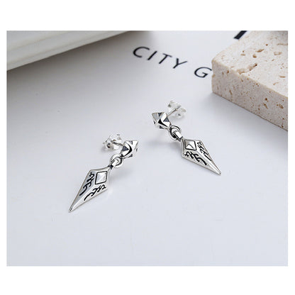S925 Sterling Silver Earrings Diamond-Shaped Exquisite Pattern Rock Style Unisex Ear Studs