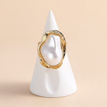 Vintage French Style Irregular Pearl Ring for Women - Exaggerated Open Adjustable Statement Ring, Unique Minimalist Design