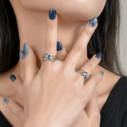 Irregular Wave Silver Ring for Women S925 Sterling Silver Versatile Double Layer Hollow Fashion Adjustable Ring