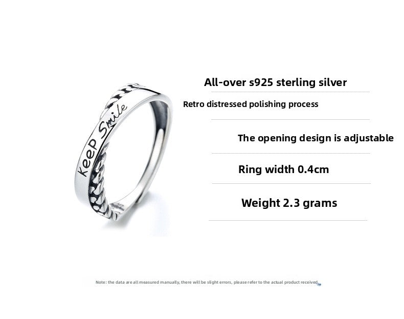Keep Smile Words Print Cross-over S925 Sterling Silver Ring Fashion Personality INS Style