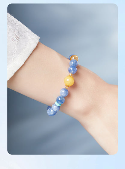925 Sterling Silver Blue Apatite & Yellow Fluorite Beaded Bracelet for Women | Boho Chic Gemstone Jewelry
