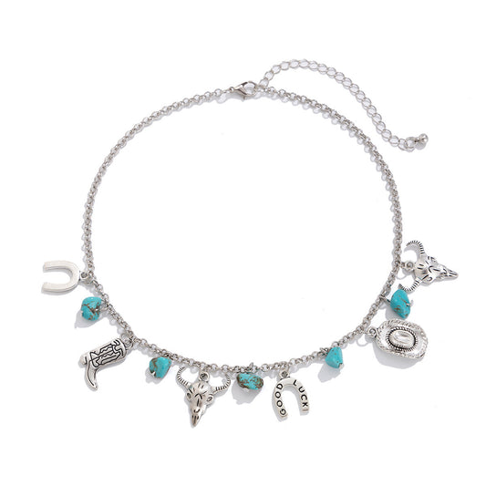 Vintage Necklace for Women Turquoise Pendant Light Luxury Niche Ethnic Style Velvet Necklace for Women