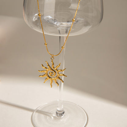 Hammered Spiral Sun Pendant Necklace - Titanium Steel Minimalist Chain