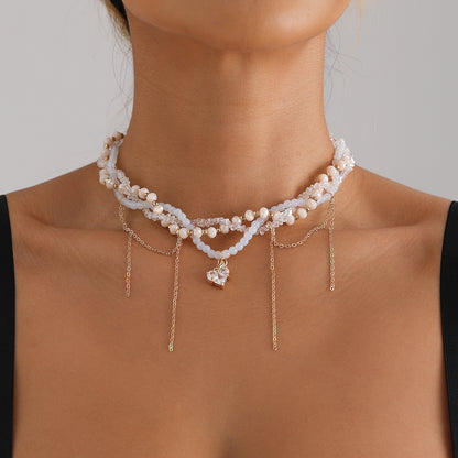 Glass Crystal Heart Pendant Necklace - Multi-Layer Fringe Choker for Women | Luxe Boho Layered Chain
