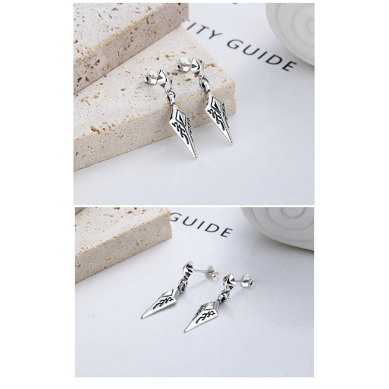S925 Sterling Silver Earrings Diamond-Shaped Exquisite Pattern Rock Style Unisex Ear Studs