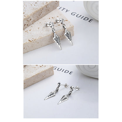 S925 Sterling Silver Earrings Diamond-Shaped Exquisite Pattern Rock Style Unisex Ear Studs